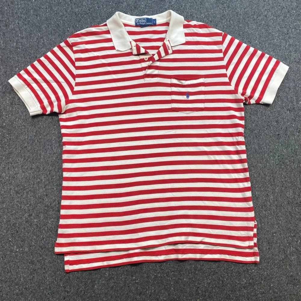 Ralph Lauren Polo Sz L Mens Red White Striped Preppy Pocket Pony TShirt 8253